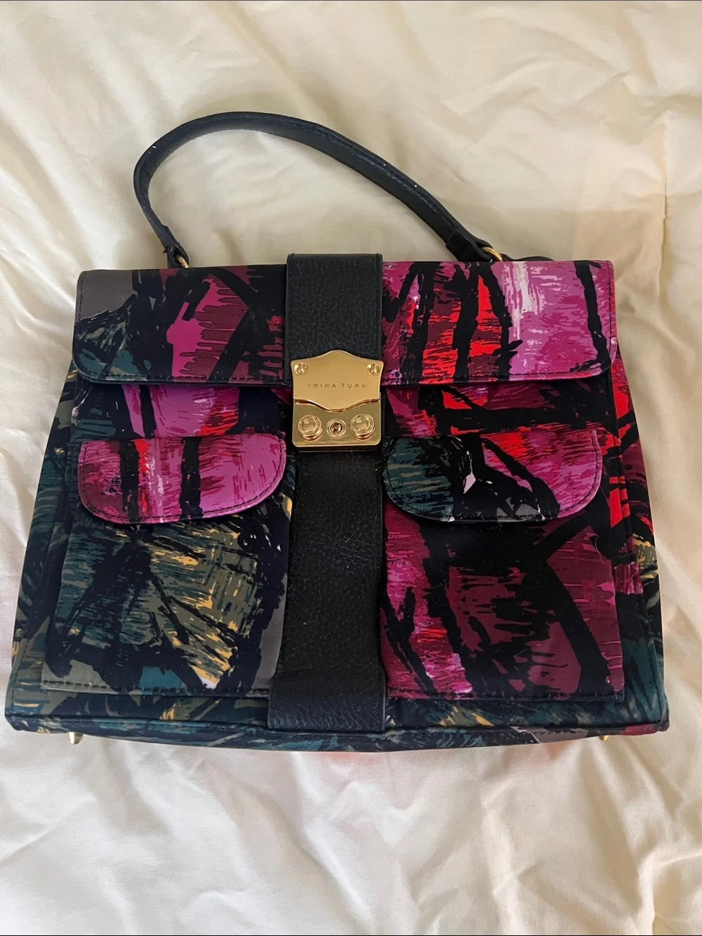 Trina Turk Multicolor Brushstroke Top-Handle Satchel in Pink, Red, Black
